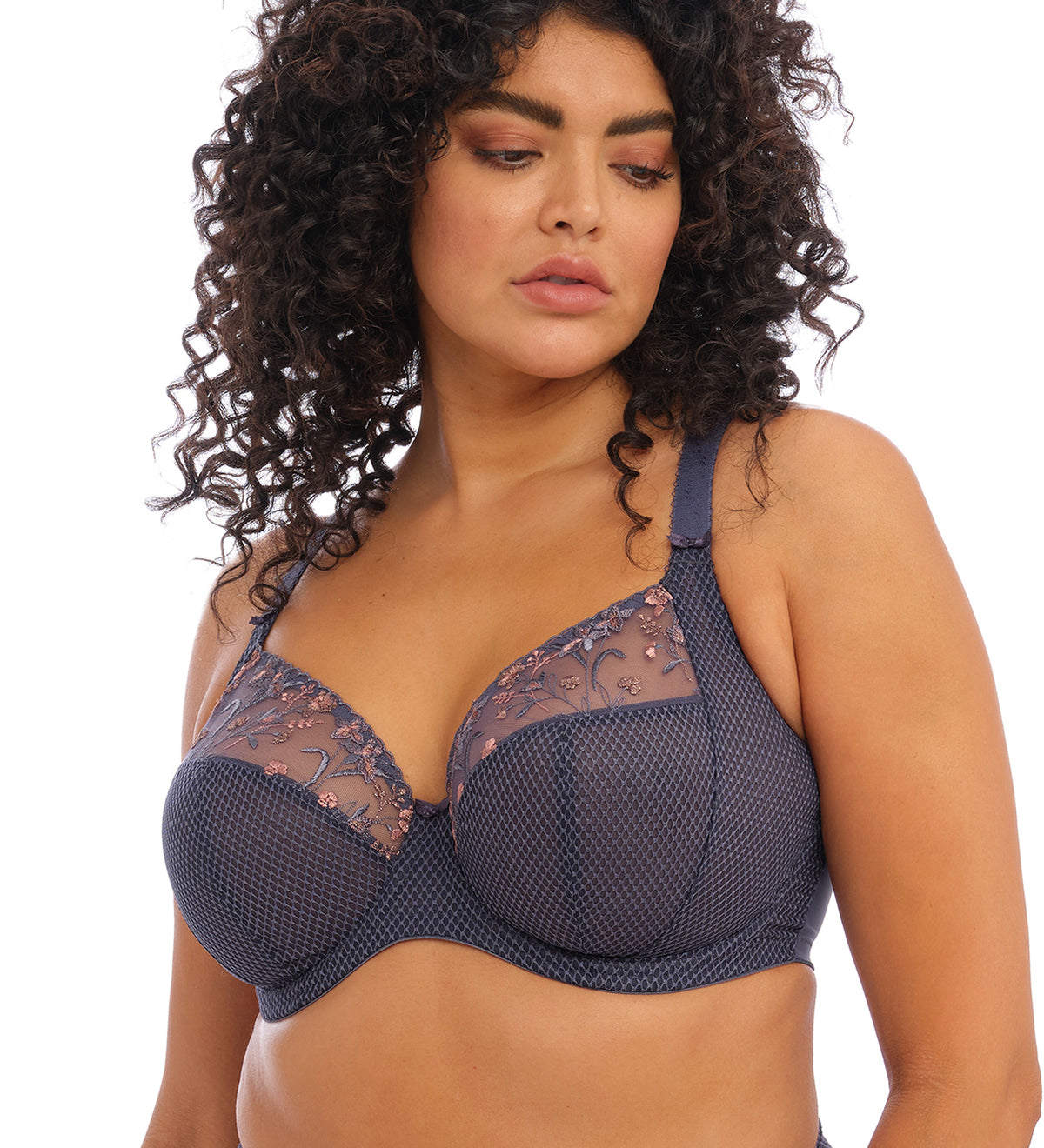 Front view of Elomi Charley Underwire Plunge Bra in Storm featuring metallic rose gold and grey stitching.