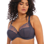 Front view of Elomi Charley Underwire Plunge Bra in Storm featuring metallic rose gold and grey stitching.