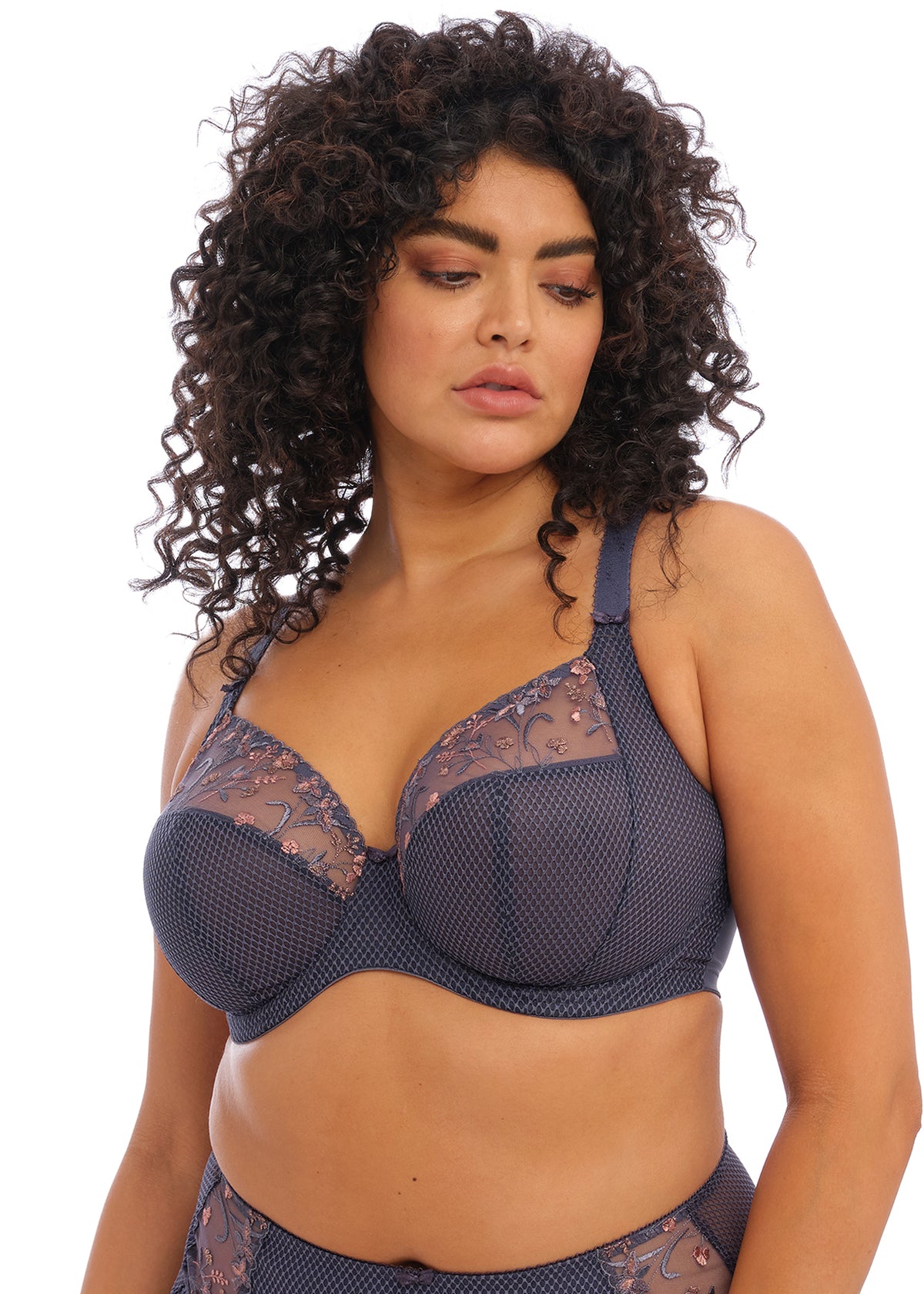 Front view of Elomi Charley Underwire Plunge Bra in Storm featuring metallic rose gold and grey stitching.