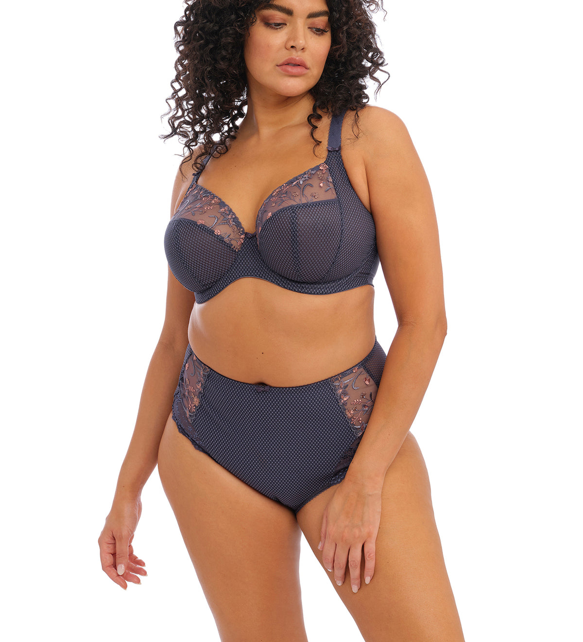Model wearing Elomi Charley Full Brief in Storm paired with Charley Plunge Bra, highlighting coordinated lingerie set.