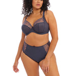 Model wearing Elomi Charley Full Brief in Storm paired with Charley Plunge Bra, highlighting coordinated lingerie set.