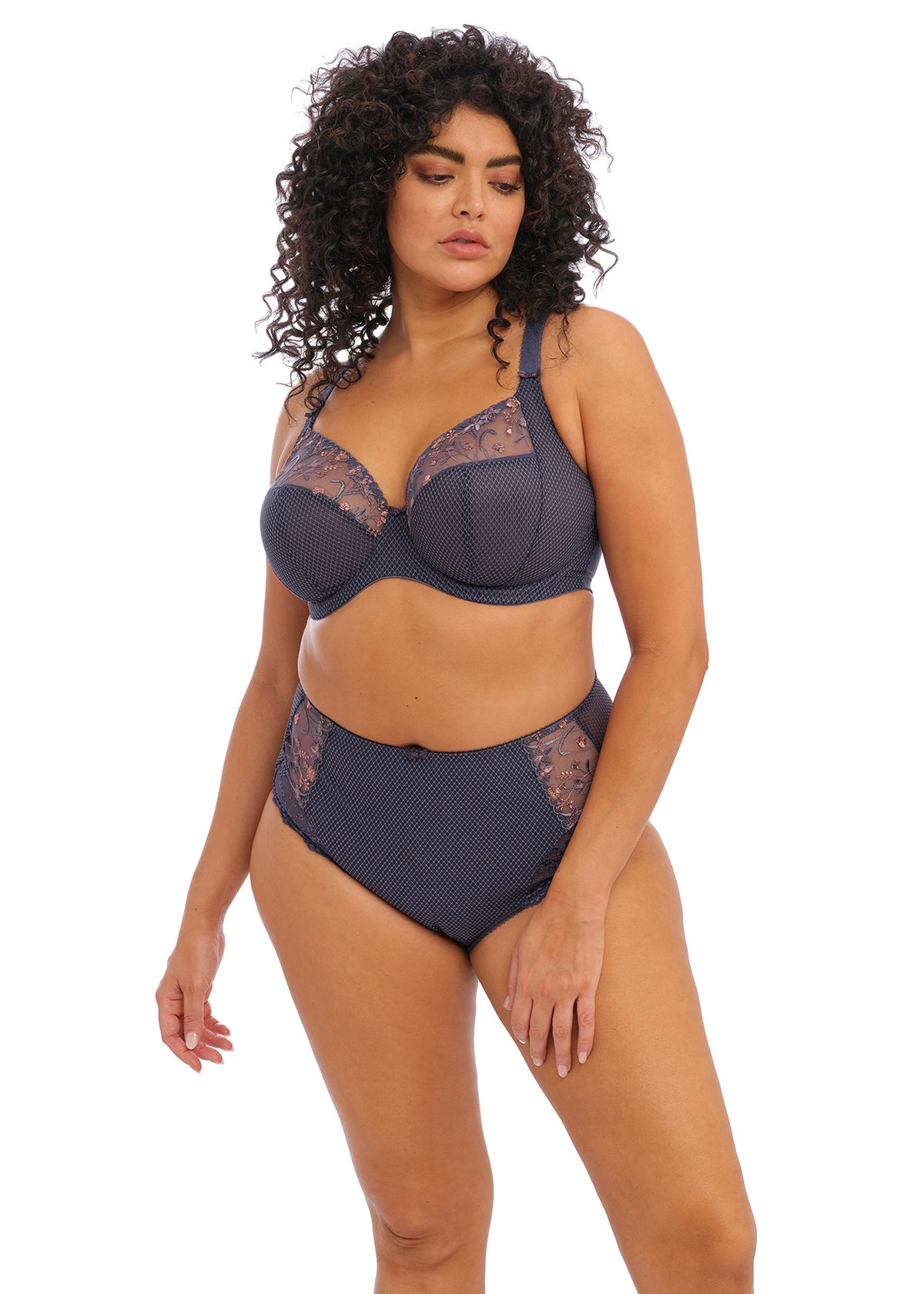 Model wearing Elomi Charley Full Brief in Storm paired with Charley Plunge Bra, highlighting coordinated lingerie set.