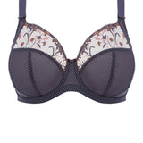 Flat lay of Elomi Charley Underwire Plunge Bra in Storm featuring lace and metallic thread detailing.