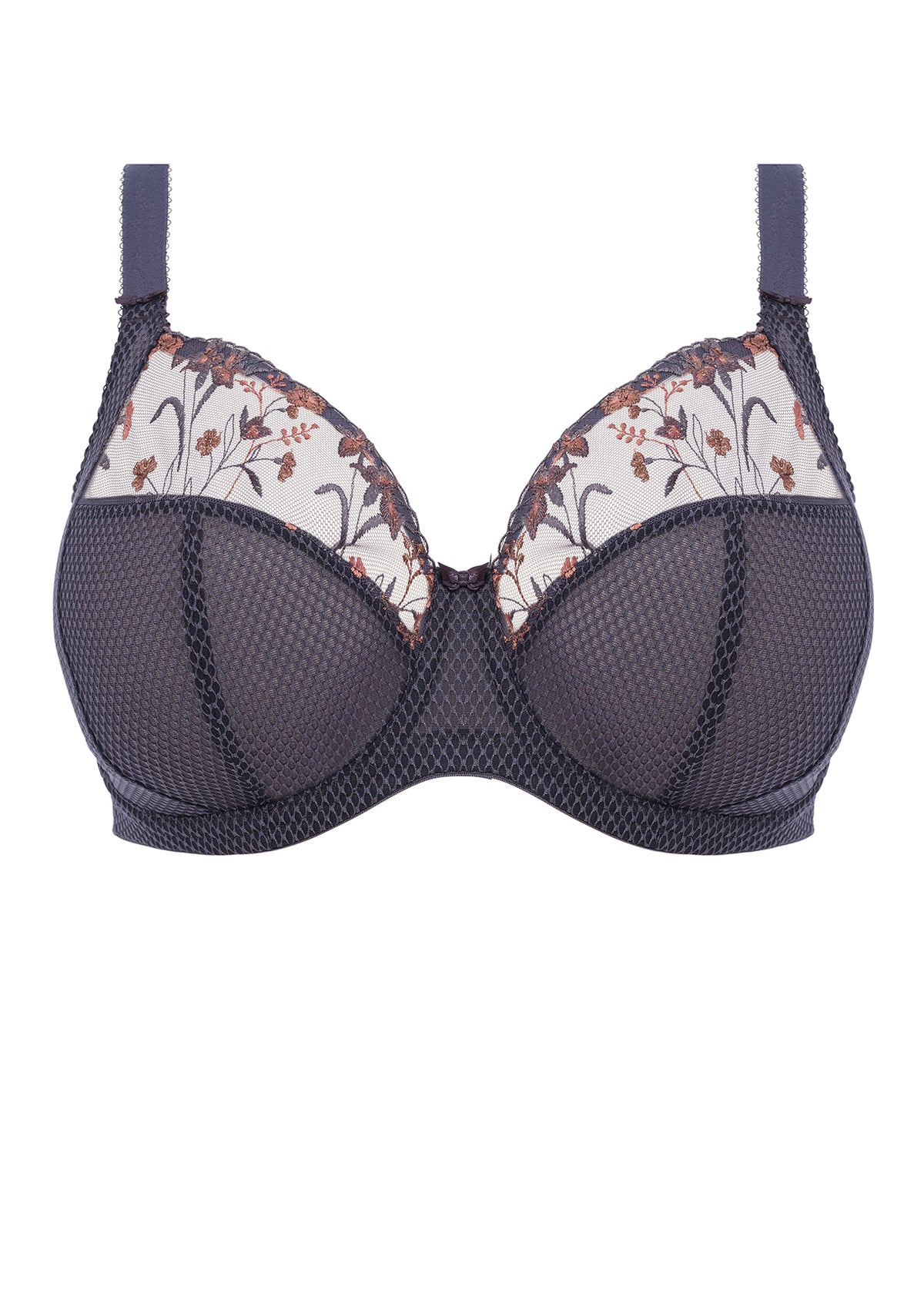Flat lay of Elomi Charley Underwire Plunge Bra in Storm featuring lace and metallic thread detailing.