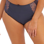Close up of Elomi Charley Full Brief in Storm showing floral embroidery, mesh detail, and full coverage fit.