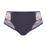 Flat lay of Elomi Charley Full Brief in Storm showing diamond mesh and embroidered floral lace panels.