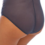 Side and back view of Elomi Charley Full Brief in Storm with sheer diamond mesh fabric and lace panels.
