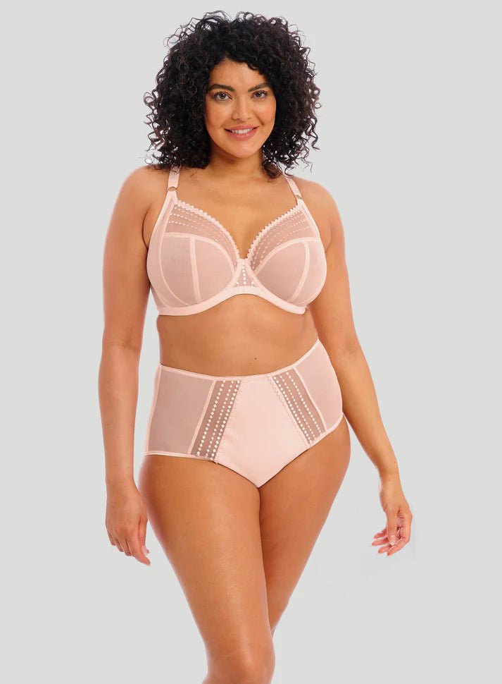 Front view of Elomi Matilda Underwire Plunge Bra in Pearl Blush featuring signature embroidery and low plunge neckline.