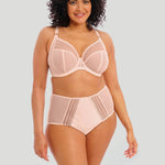Model wearing Elomi Matilda Full Brief and matching bra in Pearl Blush with sheer and embroidered details.