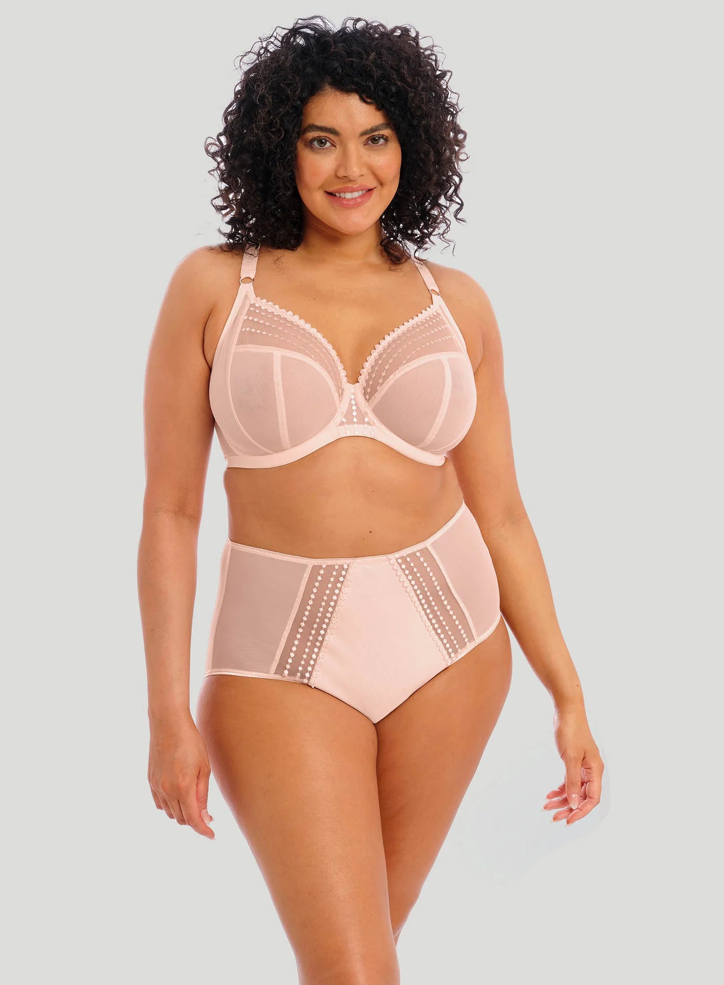 Model wearing Elomi Matilda Full Brief and matching bra in Pearl Blush with sheer and embroidered details.