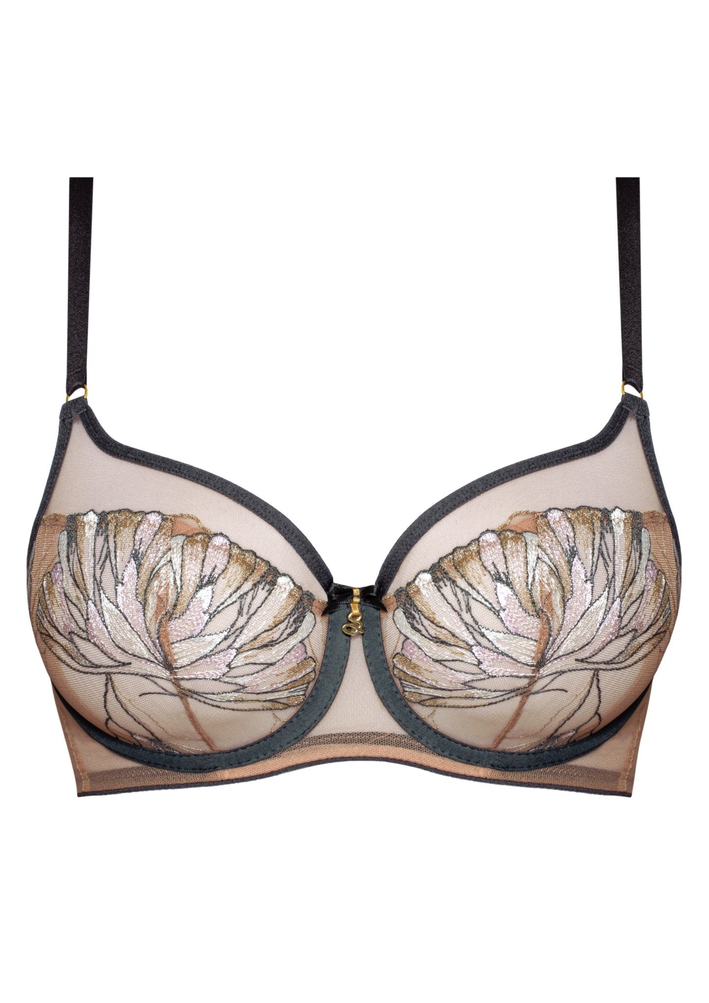 Flat lay of the Eteri Soft High Apex Bra Anthracite by Samanta – lace, lift, and luxury