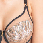 Close up of Samanta Eteri Soft High Apex Bra Anthracite side detail – floral embroidery and structured lift.