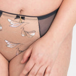 Close-up of Samanta Eteri Midi Brief Anthracite with floral embroidery and soft elastic tulle.