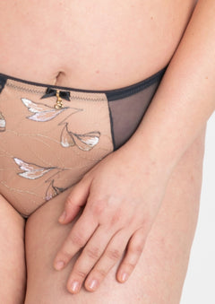 Close-up of Samanta Eteri Midi Brief Anthracite with floral embroidery and soft elastic tulle.