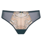 Flat lay of Eteri Thong Anthracite by Samanta – feminine tanga style lingerie with lace and sheer panels from The Foundation.
