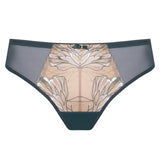 Flat lay of Eteri Thong Anthracite by Samanta – feminine tanga style lingerie with lace and sheer panels from The Foundation.
