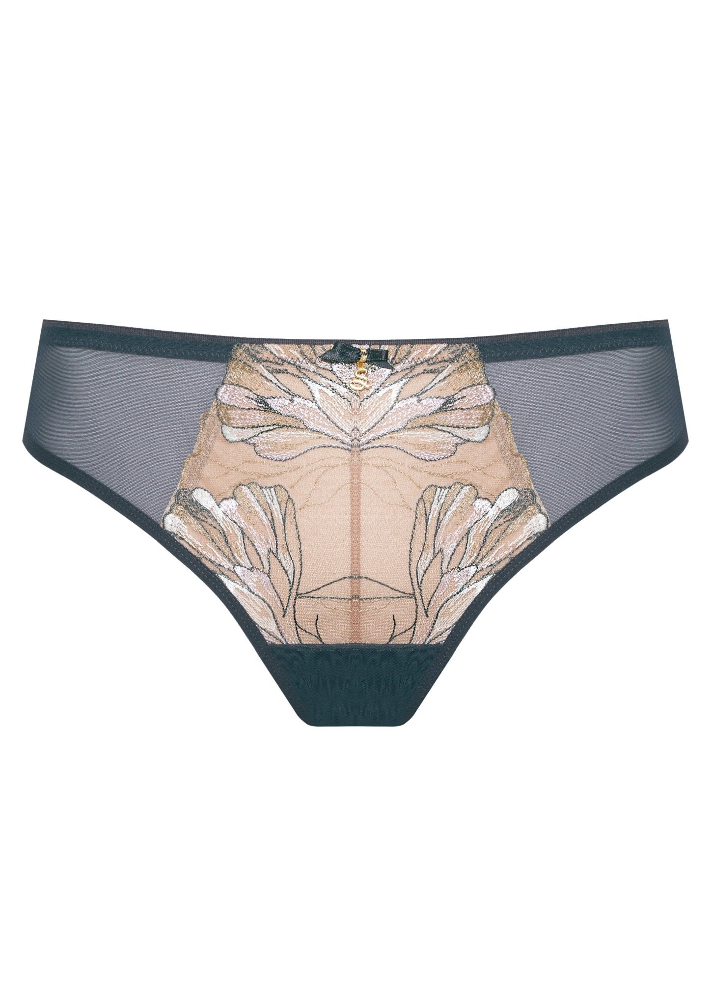 Flat lay of Eteri Thong Anthracite by Samanta – feminine tanga style lingerie with lace and sheer panels from The Foundation.

