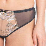The Foundation – close-up of Samanta Eteri Thong Anthracite, featuring floral embroidery and seamless tulle design.