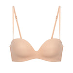 Flat lay of Essentiel Multi Strapless Bra Peau Rose showing bandeau shape and removable straps.