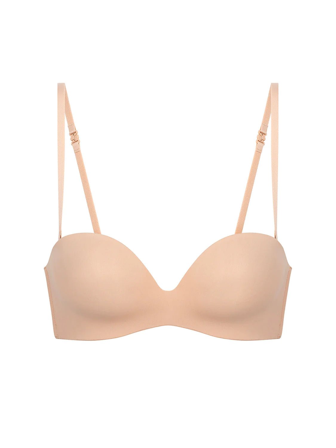 Flat lay of Essentiel Multi Strapless Bra Peau Rose showing bandeau shape and removable straps.