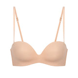 Flat lay of Essentiel Multi Strapless Bra Peau Rose showing bandeau shape and removable straps.