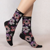 Velvet Cotton Flower Pattern Socks Black