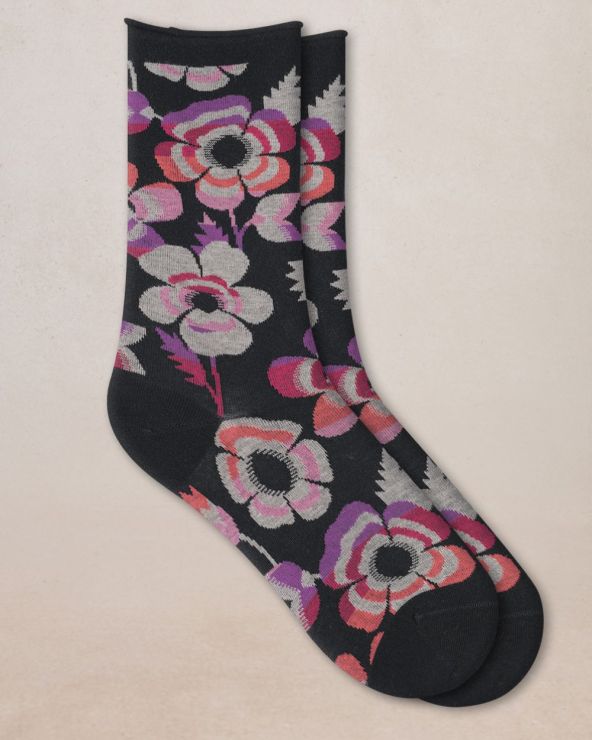 Velvet Cotton Flower Pattern Socks Black
