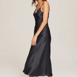 Side view of Ginia India Ink Silk Slip Dress with elegant midi length and soft drape.