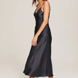 Side view of Ginia India Ink Silk Slip Dress with elegant midi length and soft drape.