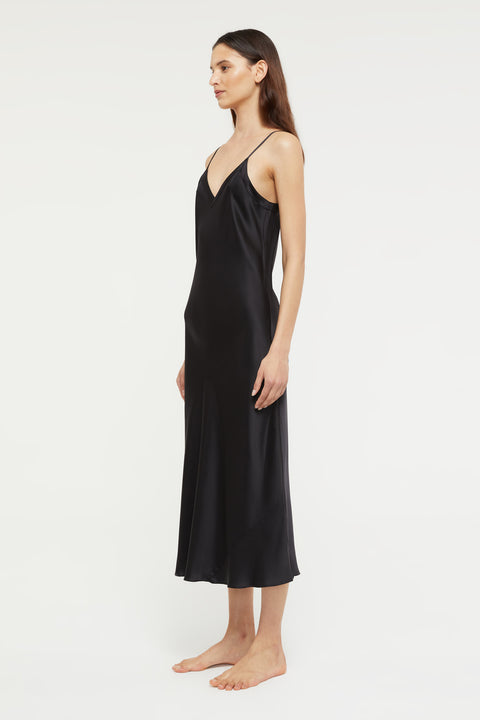 Silk Long Nite V Neck Black