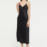 Silk Long Nite V Neck Black