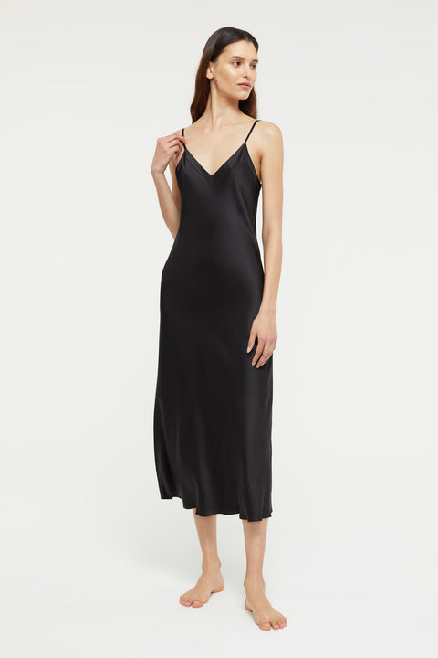 Silk Long Nite V Neck Black