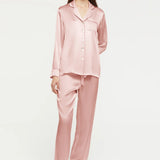 Full-length view of Ginia Bridal Rose Silk Pyjama showcasing elegant V neckline and soft silhouette.