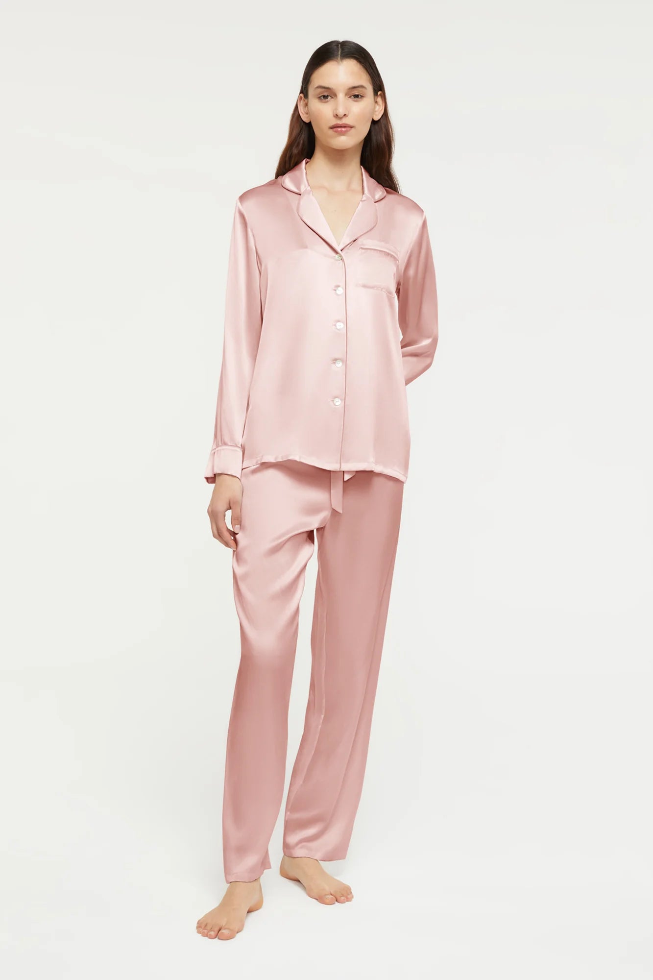 Full-length view of Ginia Bridal Rose Silk Pyjama showcasing elegant V neckline and soft silhouette.