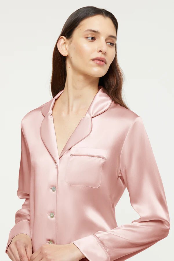 Close-up of Bridal Rose silk pyjama top with Mother of Pearl buttons and piped collar by Ginia.