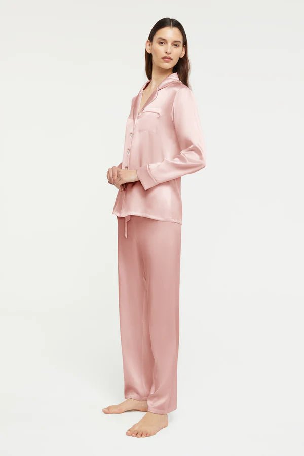Side angle of Ginia Bridal Rose Pyjama highlighting French seams and sleeve cuff details.