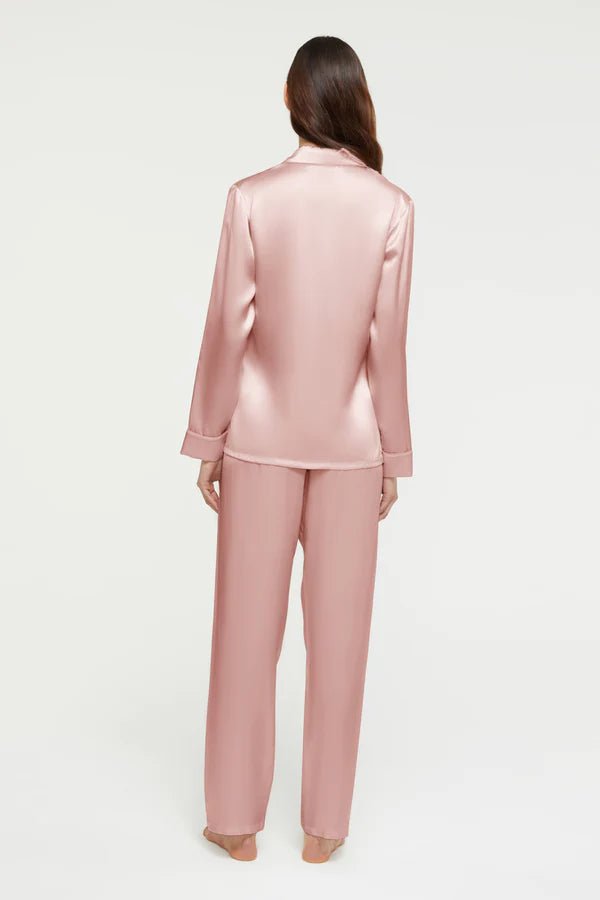 Back view of Ginia Fine Finishes Pyjama in soft pink silk with tailored finish and piping detail.
