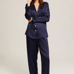 Front view of Ginia Midnight Silk Pyjama set in full view with long sleeves, cuffs and drawstring pants.