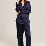 Front view of Ginia Midnight Silk Pyjama set in full view with long sleeves, cuffs and drawstring pants.