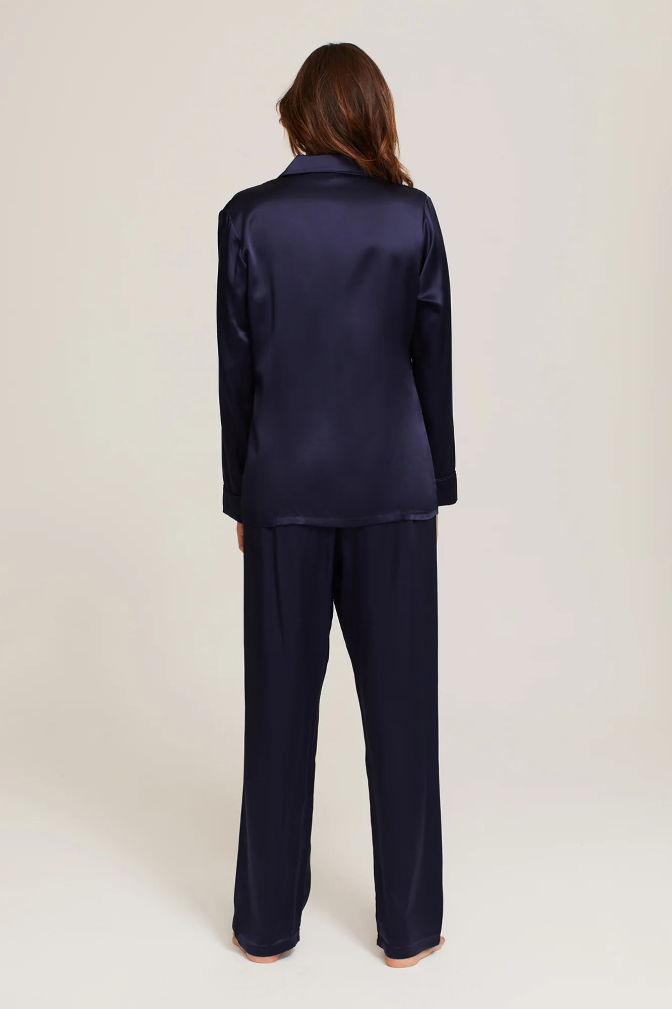 Back view of Ginia Fine Finishes Silk Pyjama Midnight showing French seam construction.