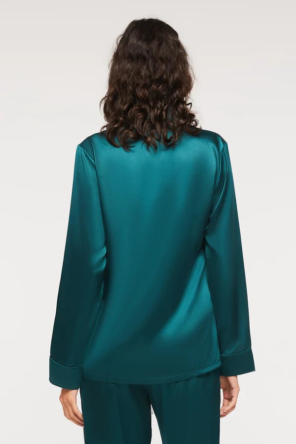 Back view of Ginia Silk Pyjama Emerald with French seam detailing and comfortable drape.