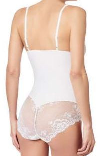 Back view of Janira Greta lace bodysuit in ivory, showing thong-style cut and adjustable shoulder straps.