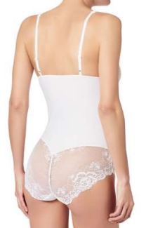 Back view of Janira Greta lace bodysuit in ivory, showing thong-style cut and adjustable shoulder straps.