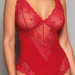 Model wearing Greta IM Lace Bodysuit in Red by Janira, featuring vibrant lace details, plunge neckline, and supportive, flattering fit.