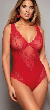 Model wearing Greta IM Lace Bodysuit in Red by Janira, featuring vibrant lace details, plunge neckline, and supportive, flattering fit.