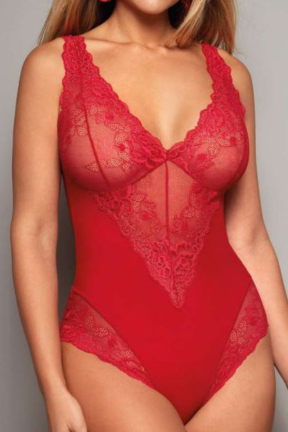 Model wearing Greta IM Lace Bodysuit in Red by Janira, featuring vibrant lace details, plunge neckline, and supportive, flattering fit.
