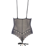 Back view of Geneva Pearl Thong Bodysuit Black by BRACLI laid flat showing lace-up design and pearl thong.