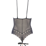 Back view of Geneva Pearl Thong Bodysuit Black by BRACLI laid flat showing lace-up design and pearl thong.