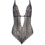 Flat lay of Geneva Pearl Thong Bodysuit Black by BRACLI laid flat displaying elegant Italian lace and pearl features.