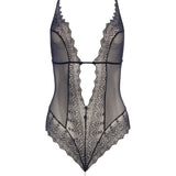 Flat lay of Geneva Pearl Thong Bodysuit Black by BRACLI laid flat displaying elegant Italian lace and pearl features.